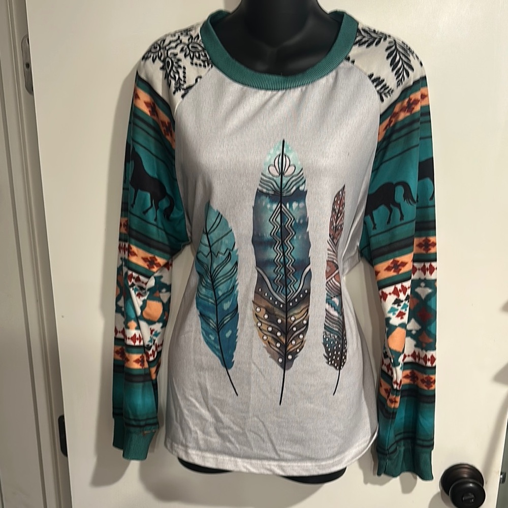 4/$16 Emery Rose Feather Print Aztec Women's Long Sleeve Top - Teal and White XL